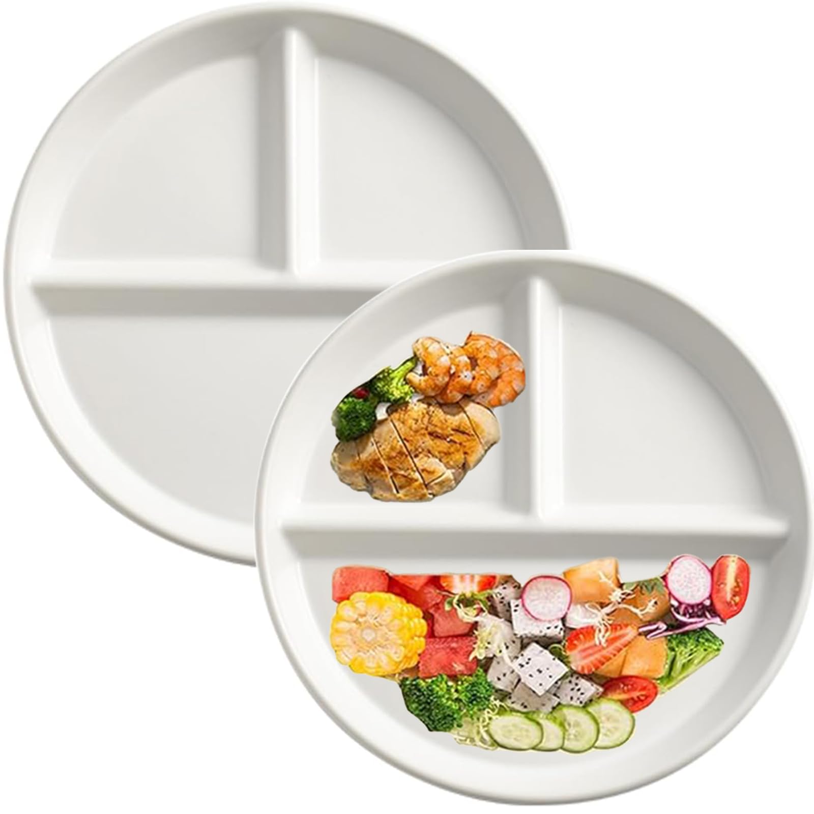 HNJZX Dinner Plate Portion Control Porcelain Plates Set of 2, 8 Inch Divided Plates for Adults Diet Plates for Balanced Meal - Reusable Ceramic Serving Tray (White)