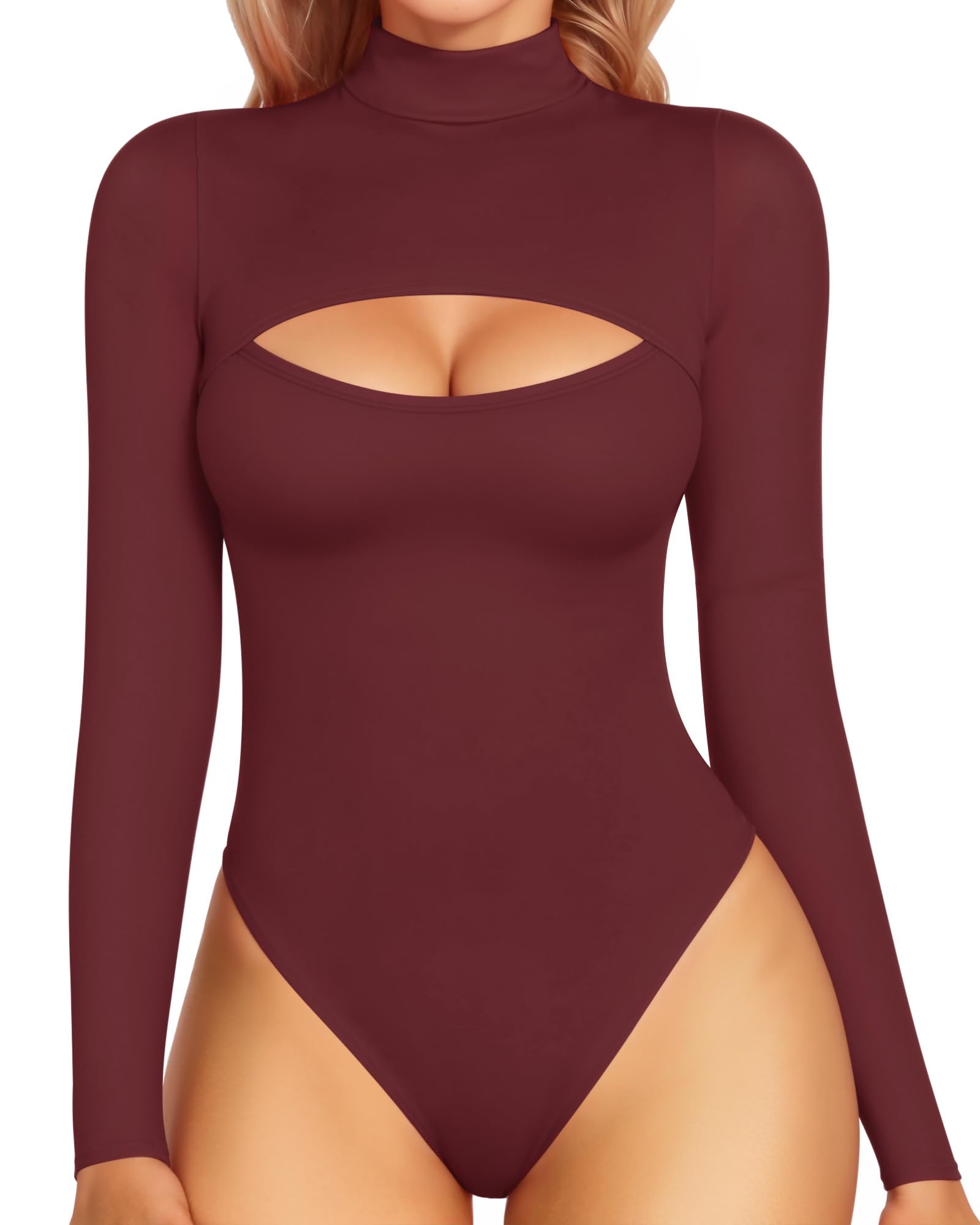 MANGOPOP Women's Mock Neck Cutout Front Bodysuit Long Sleeve Sleeveless Turtle Neck Body Suits Sexy Tops: Long Sleeve XX-Large 05 Burgundy Long Sleeve