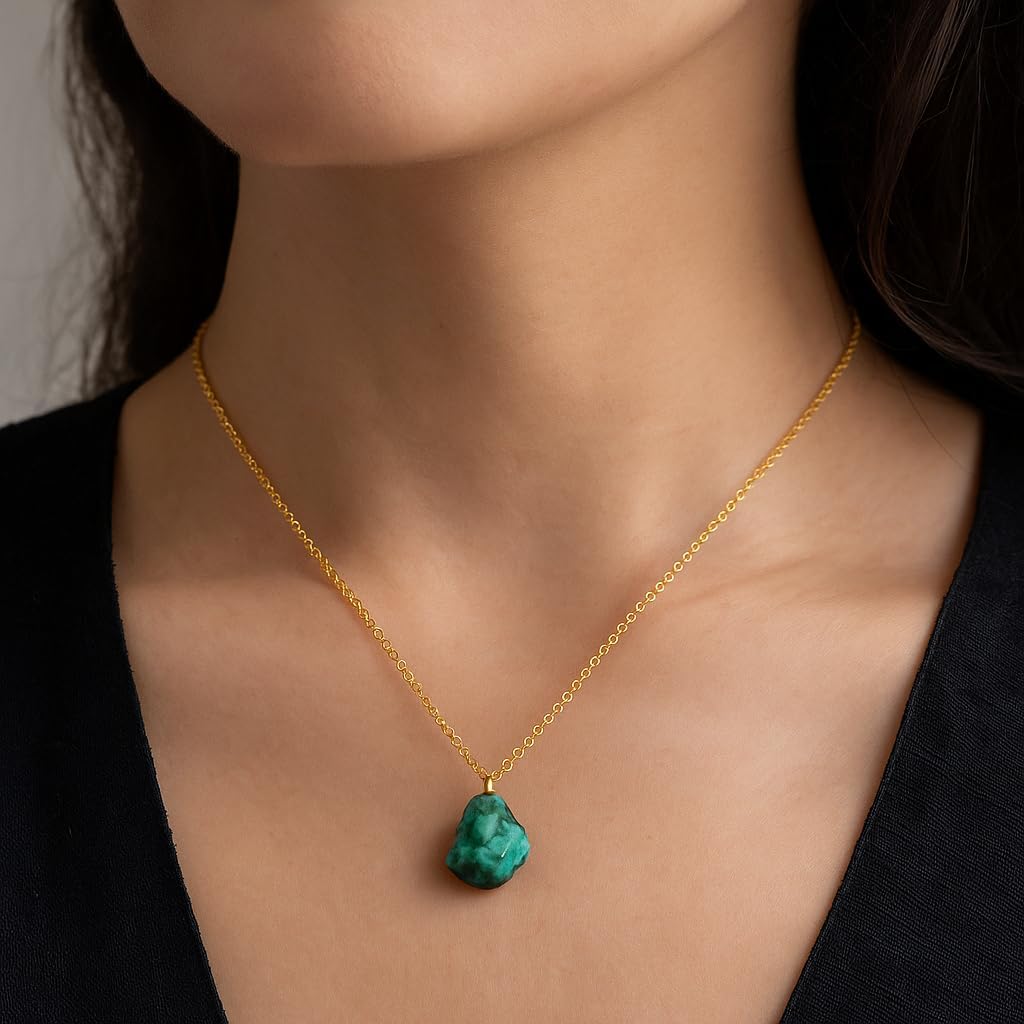 Handmade Pendant Necklace – Natural Raw Emerald – Heart Chakra & Emotional Renewal – Gold Plated – Dainty Dangle – 18 Inch Adjustable – Christmas Gift for Her - Image 5