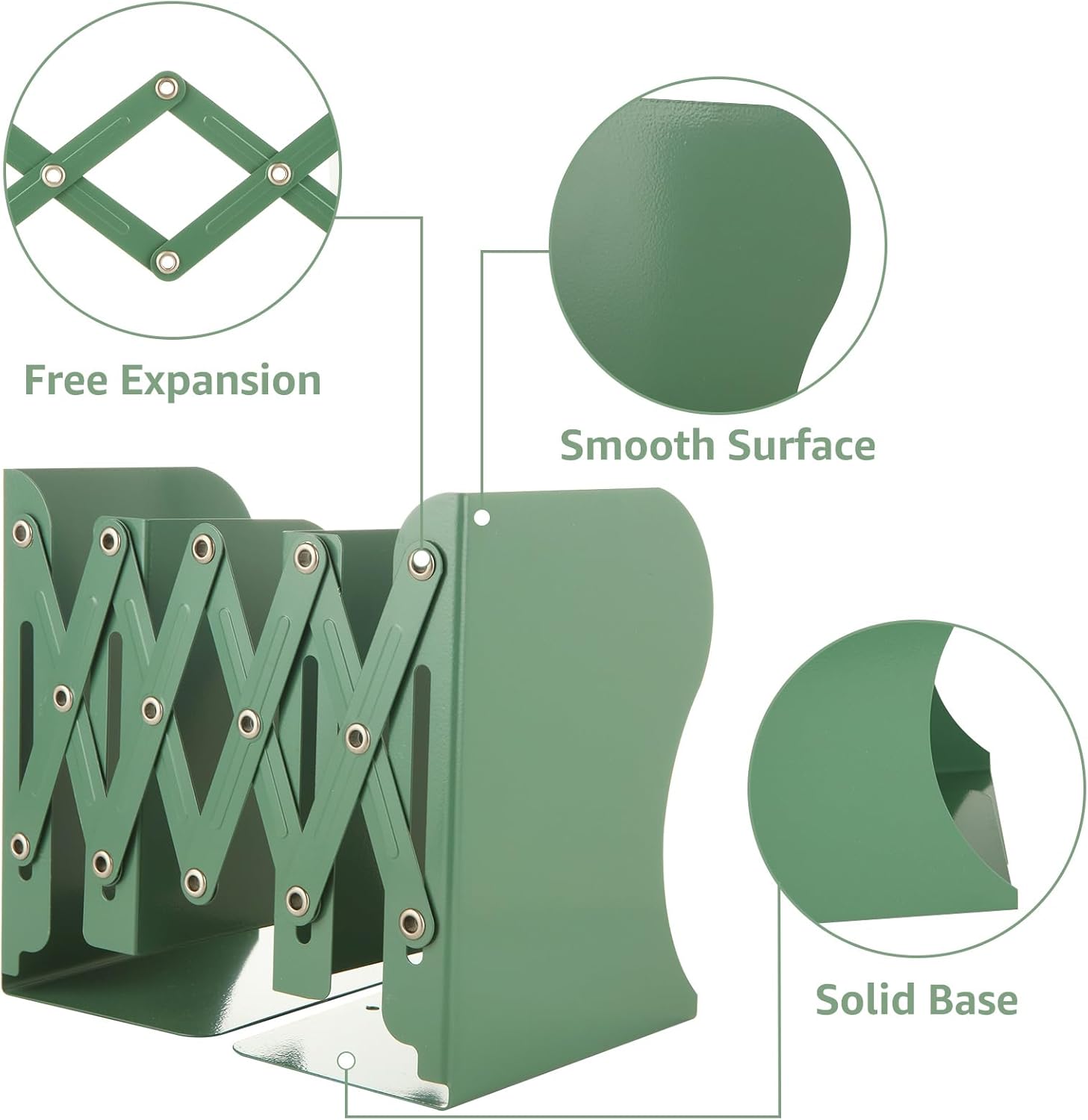 CYEAH 2 Pcs Adjustable Book Ends, Green Bookends for Shelves, Metal Book Ends for Heavy Books, Book Holders Organizer for Desk, Extends Up to 17 Inches Used in Office, Desk and School