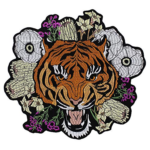EMDOMO Écusson brodé tête de tigre rugissant - Motif fleurs - À repasser - Pour vêtements et vestes - 1 pièce