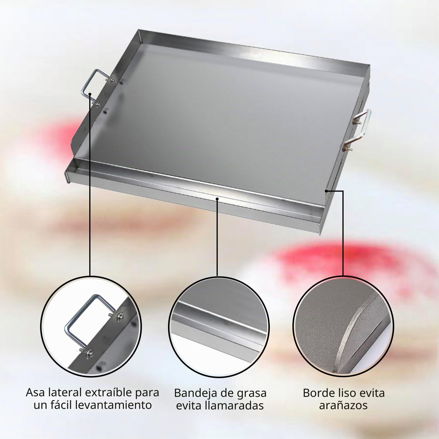 Plancha de acero inoxidable para barbacoa Weber | 40 x 30 x 8 cm | Plancha universal para gas y carbón | Juego con espátula y rascador