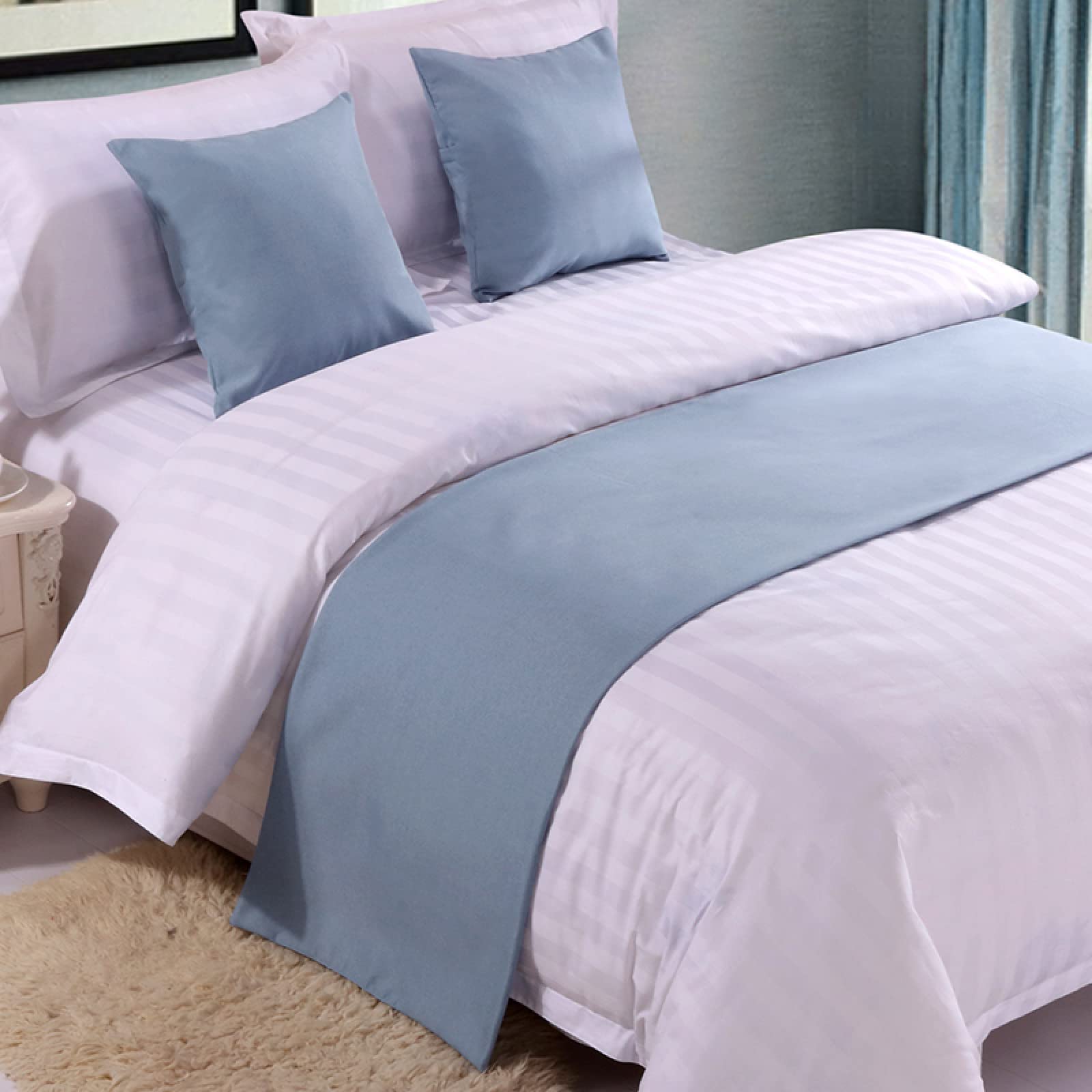GZQIAWY Bedspread Bed Runner Throw Home Hotel Plain Thick Cotton Linen Solid Color Bedroom Tail Towel Protector Bedding Decor Bed Sky Blue 50 x 260cm (Bed Scarf)+2 Cushion Covers