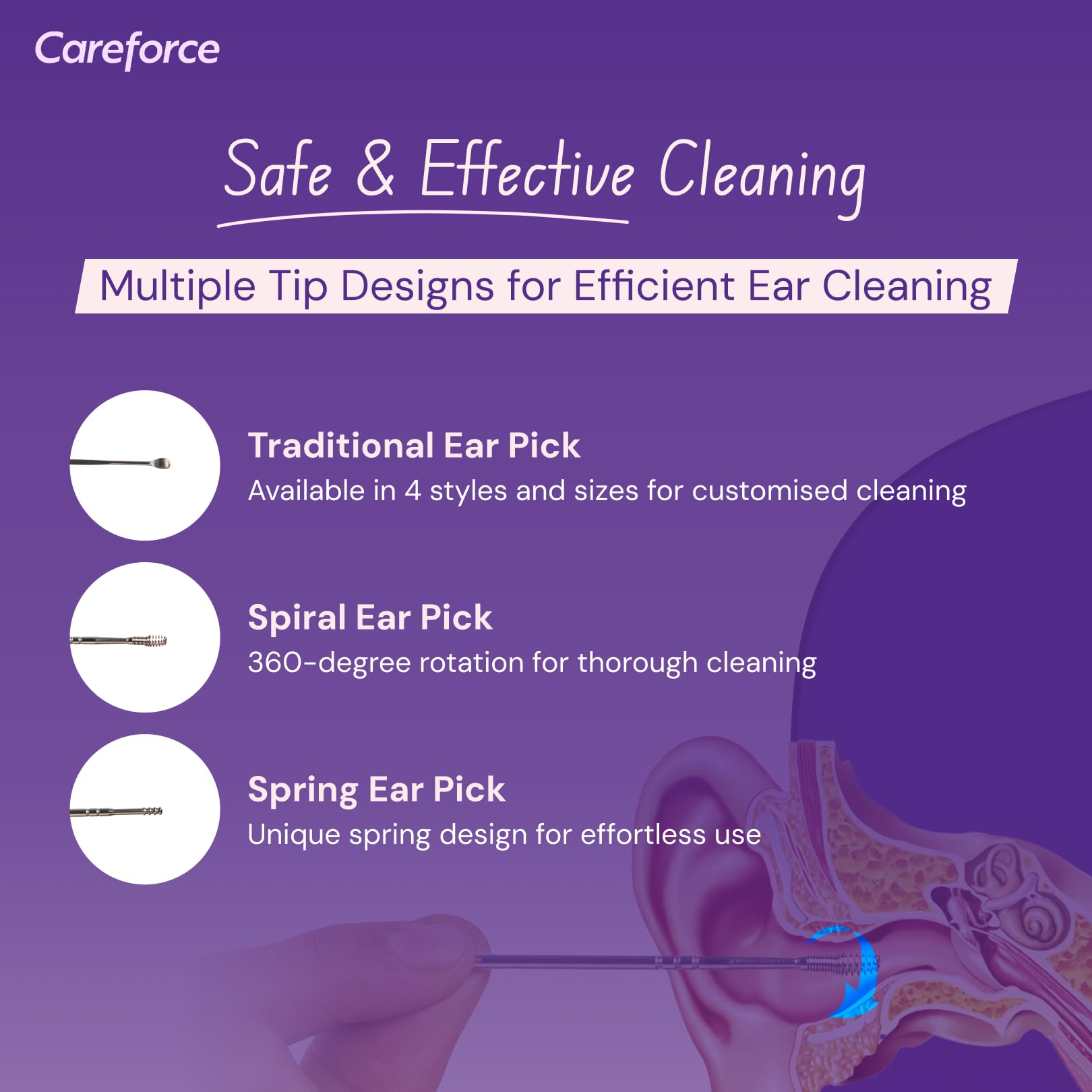Careforce Ear Wax Cleaner - Resuable Ear Cleaner Tool Set with Storage Pack - Ear Wax Remover Tool Kit with Ear Curette Cleaner and Spring Ear Buds Cleaner 6 Pcs Set Silver 1