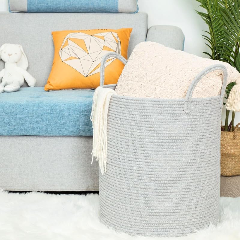 Image of Storage Rope Laundry Hamper Basket for Clothes, Towels and Blankets in Livingroom, Bedroom, Laundry Room and Basket for Nursery Storage (Size - 14 inch x 14 inch x 18 inch) (Grey)