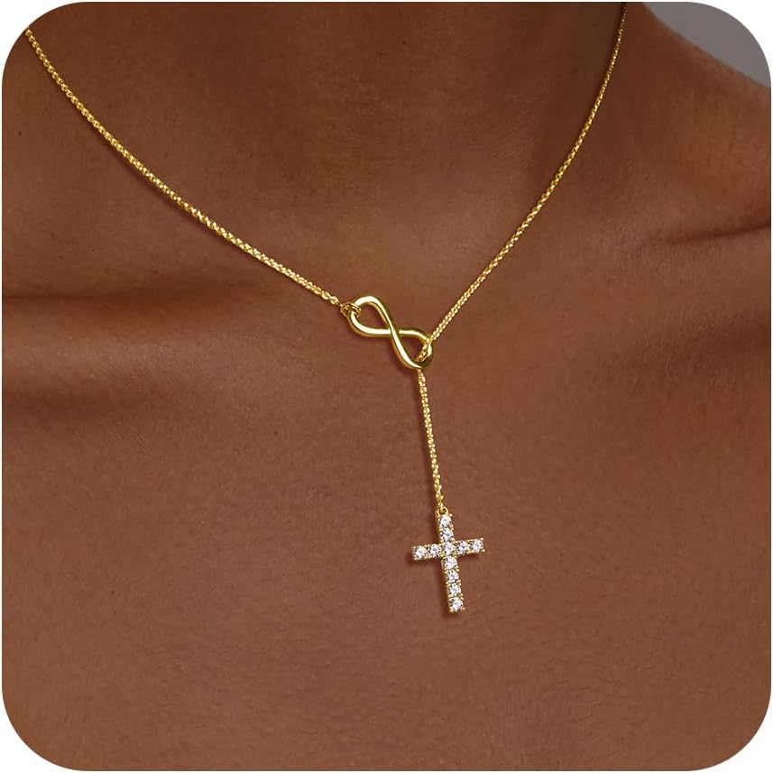 Poxtex Gold Necklace for Women Dainty Infinity Cross Pendant Necklace Non Tarnish & Waterproof Layered CZS Jewelry for Everyday Wear Simple Trendy Choker Minimalist Faith Christian Cross Gifts