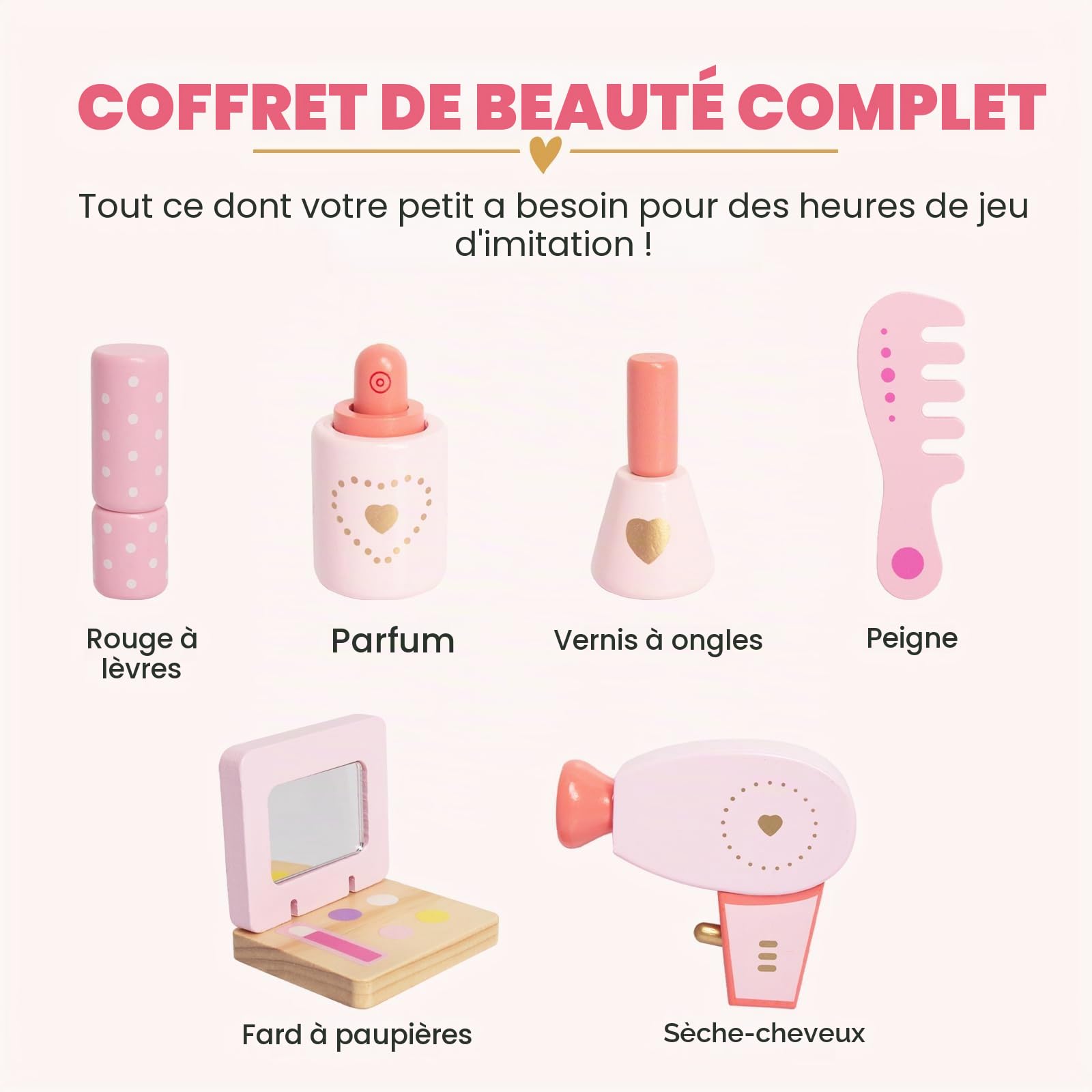 Set de coiffeuse en bois pour enfants, jouet de table avec miroir rotatif à 360°, ensemble d'accessoires de maquillage, cadeau pour filles à partir de 3 ans (blanc)