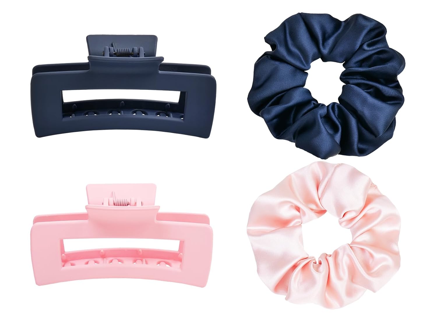 Claw Clips and Scrunchies Set 4pcs – 2 Medium Hair Clips, 2 Satin Scrunchies, Non-Slip Matte Square Hair Claws, Hair Accessories for Back to School, Birthday Gift, Daily Use, Navy Pink