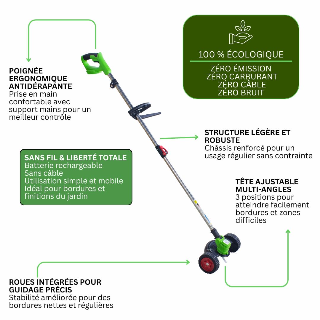 VENTEO - ROTORAZER 8en1 Tondeuse, Taille-Bordures, Coupe-Bordures sans Fil | Coupe Bordure Batterie Multifonction 3 Angles 3 Hauteurs Lames Interchangeables | Entretien Bordure Jardin Gazon