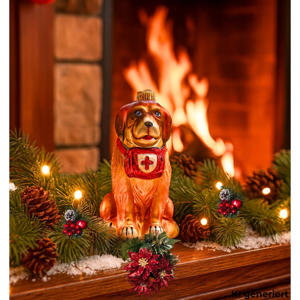 Dekohelden24 Lauschaer Décoration de Noël - Boule de Noël Lauscha en Verre - Décoration de Sapin de Noël - Décoration en Verre Saint Bernard - Marron - en Lauscha - L x l x H 6 x 9 x 11 cm