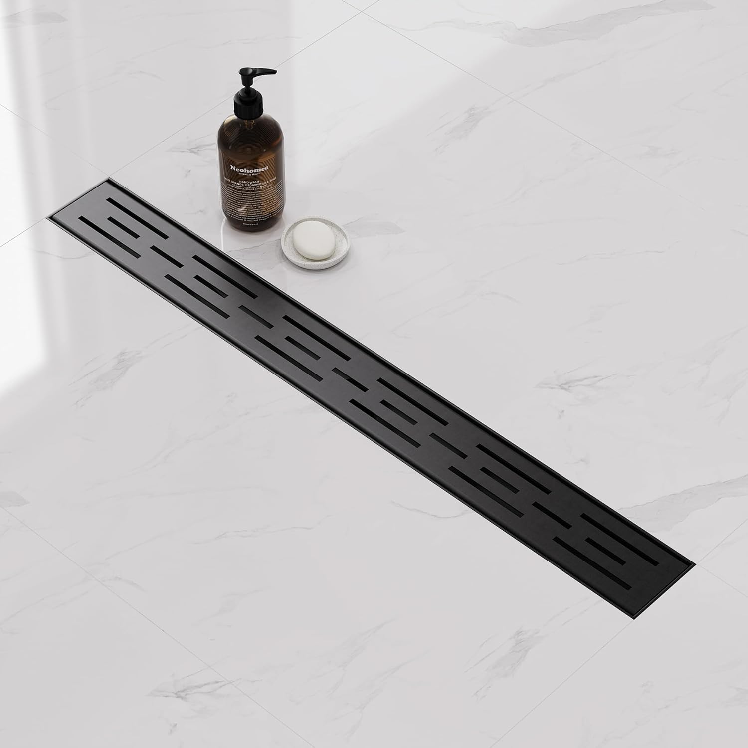 Neodrain 24 in Rectangular Linear Shower Drain with Brickwork Pattern Grate, 304 Stainless Steel Bathroom Floor Drain,Shower Floor Drain Includes Adjustable Leveling Feet, Hair Strainer,Black Shiny Black 24 In
