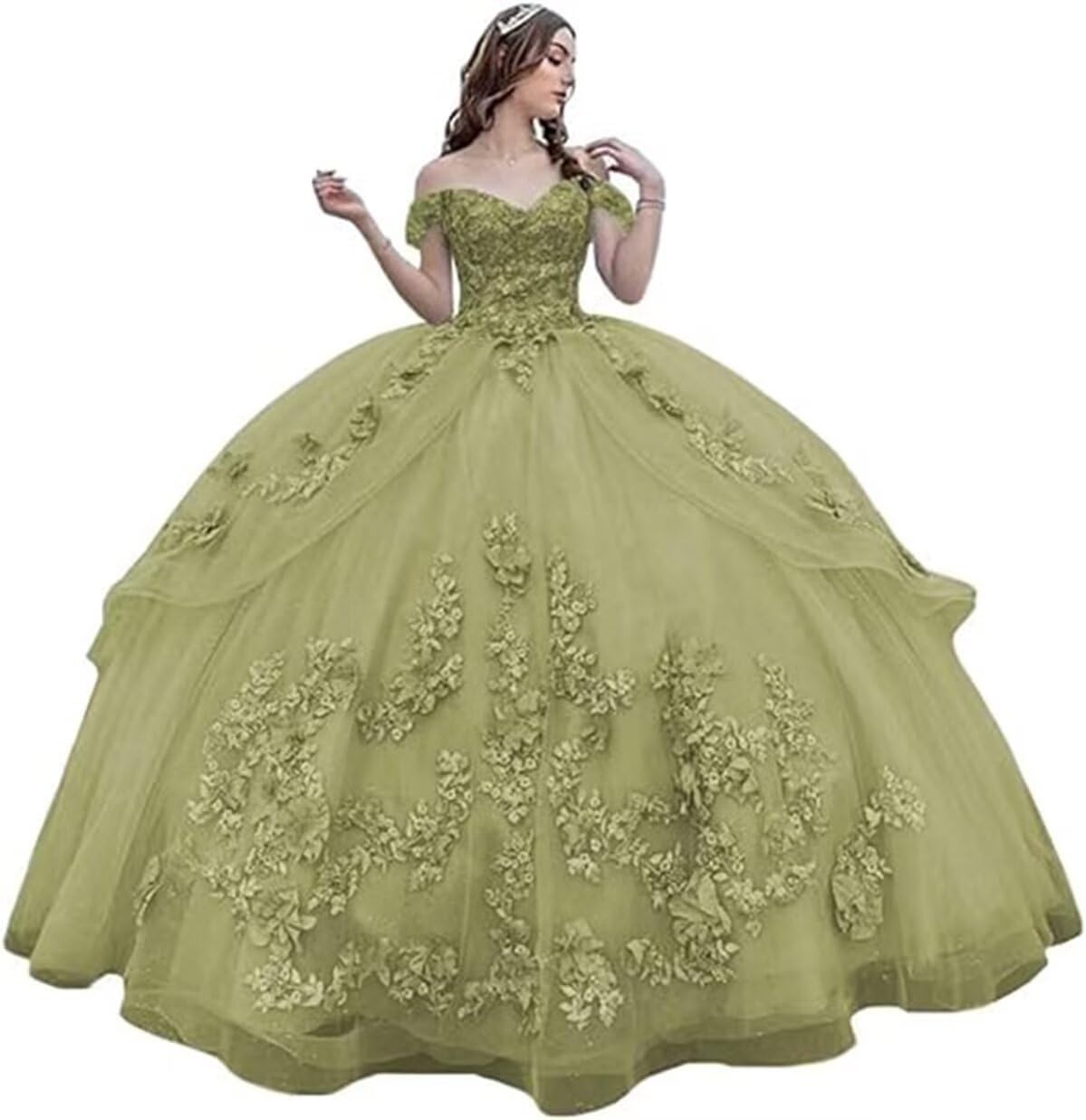 Women's 3D Floral Sparkly Tulle Ball Gown Quinceanera Dresses Long Puffy Sweet 16 Prom Party Gowns