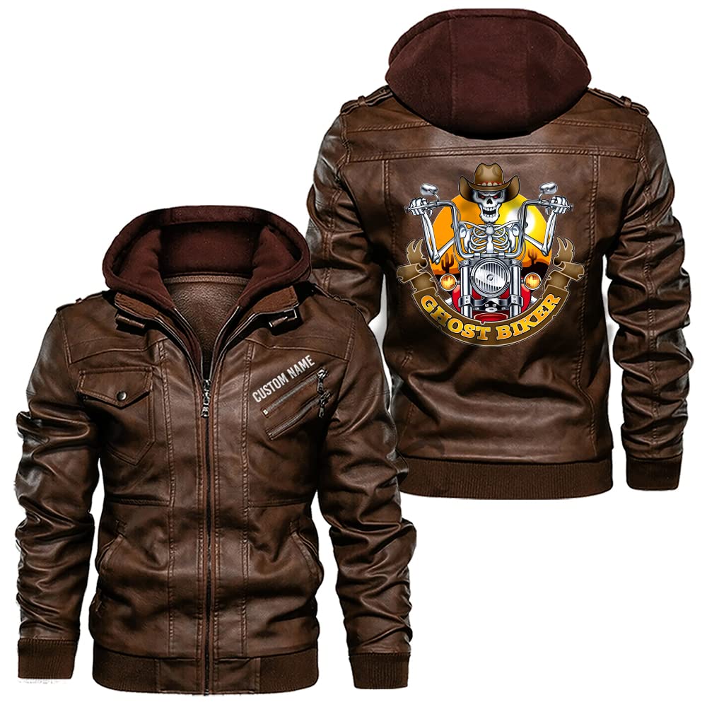orealexpress Classic Biker Style with Skeleton Rider, Custom Name, Personalized Mens PU Leather Coat Custom Motorcycle Jacket Removable Hood Brown