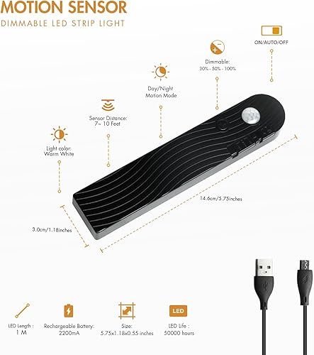 Miniatura 2 de Sensky Tira de luces con sensor de movimiento, recargable, activada por movimiento, tira de luz LED regulable para armario, caja fuerte para armas,