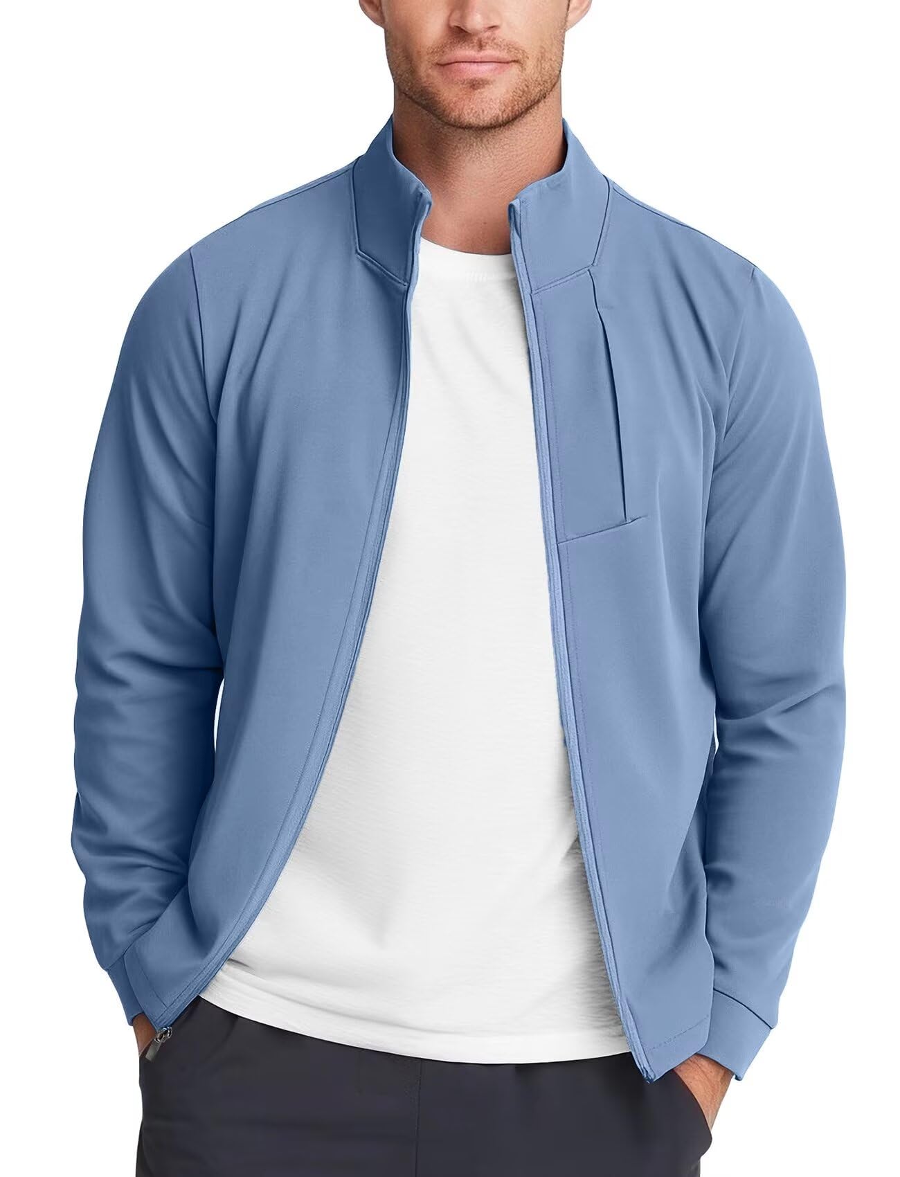 Zengjo Men's Track Jackets Full-Zip Athletic Jacket Sweatshirt Mock Neck with Zipper Pockets