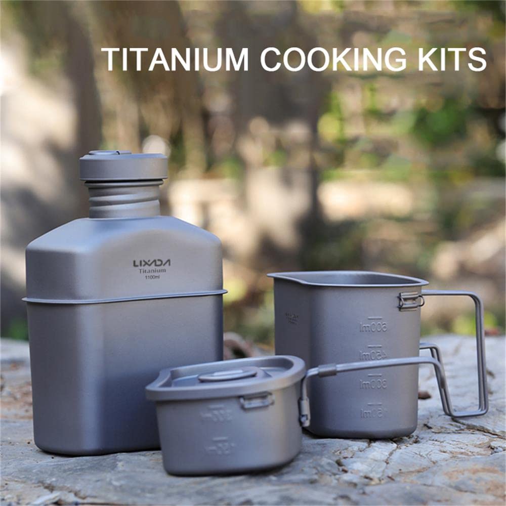 Lixada Titanium Canteen Military Mess Kit 1100ml 37oz Capacity with 750ml + 400ml Cookware Cups + Nylon Pouch, Portable Lightweight Outdoor Cooking Set for Camping Hiking Backpacking Picnic