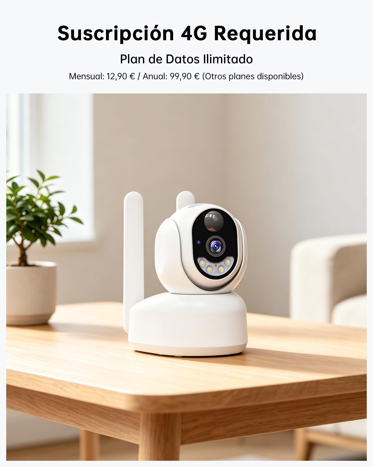 NUASI 4G LTE Camara Vigilancia Interior con Tarjeta SIM Inalámbrica, 2K HD | 360° PTZ IP Cámara de Seguridad con Batería, sin WiFi, Visión Nocturna a Color, Detección de PIR, Audio Bidireccional, IP66