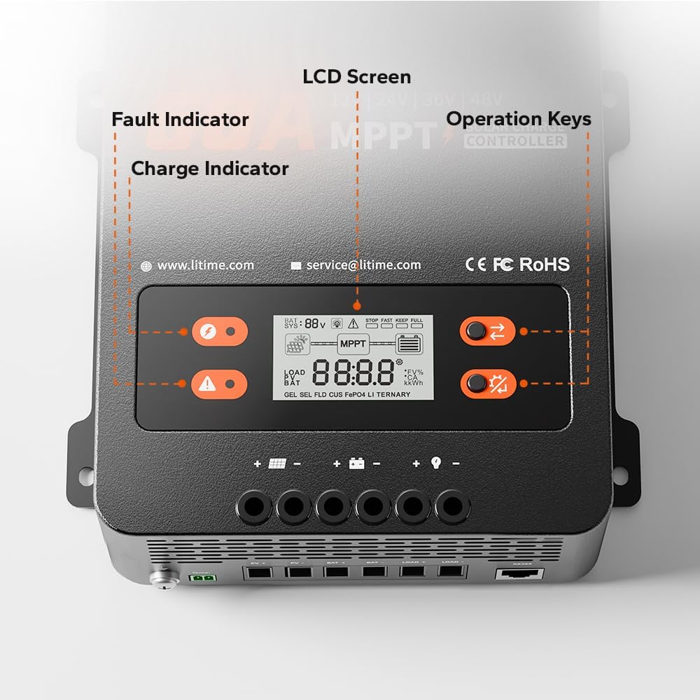 Close-up of the LCD screen and buttons on the LiTime 60A MPPT Solar Charge Controller