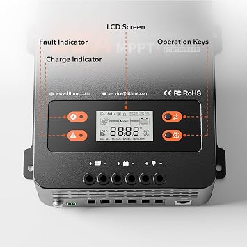 LiTime 60A MPPT Solar Charge Controller (No Build-in Bluetooth), 12V/24V/36V/48V Auto, Max PV Input 200VDC LCD Display Solar Panel Regulator for LiFePO4/Lead-acid Battery
