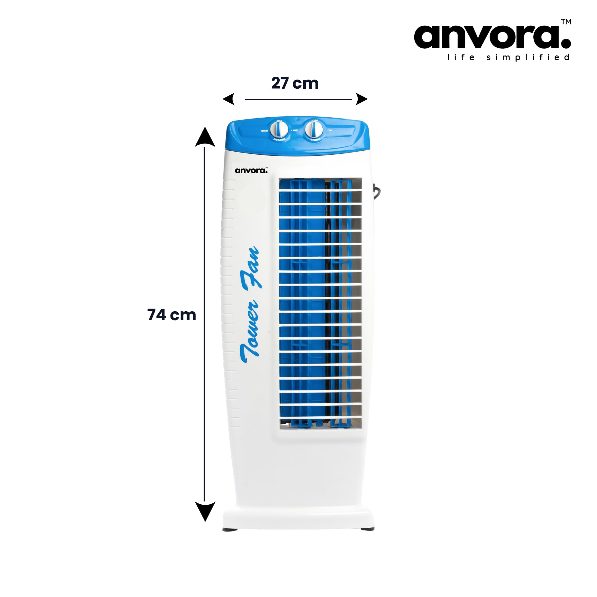 ANVORA Breeze Max Tower Fan | High air throw of 2250 m3/hr | TOP safety and 3 Speed - 2 Way Air Swing | 1 year warranty | Blue White 3