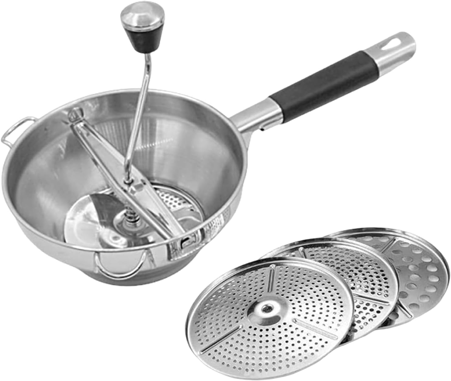 Stainless Potato Masher, Handheld Food Masher, 10x3 Inches Shredder with 3 Replaceable Grinding Discs, Kitchen Mash Tool, Vegetable Fruit with Ergonomic Handle, Home Use for Potatoes