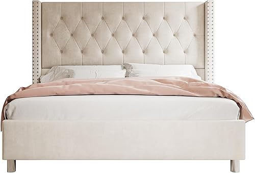 Miniatura 8 de Jocisland Marco de cama tamaño King tapizado de terciopelo plataforma de perfil bajo cabecera con alas elevadas soporte de listones de madera no