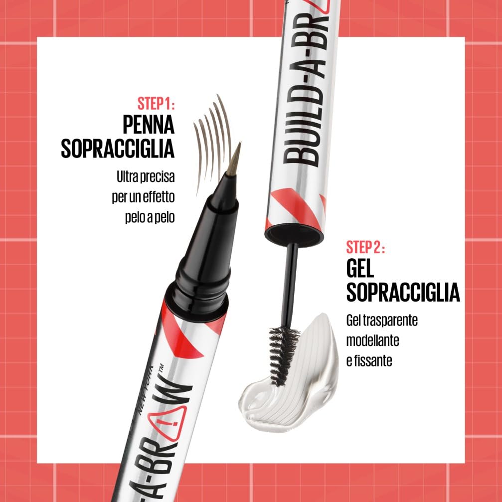 Maybelline New York, 2 in 1 Penna e Gel Sopracciglia, Per Sopracciglia Piene e Naturali, Tenuta Fino a 24 Ore, Waterproof, Formula Vegana, Build A Brow, Tonalità: Deep Brown