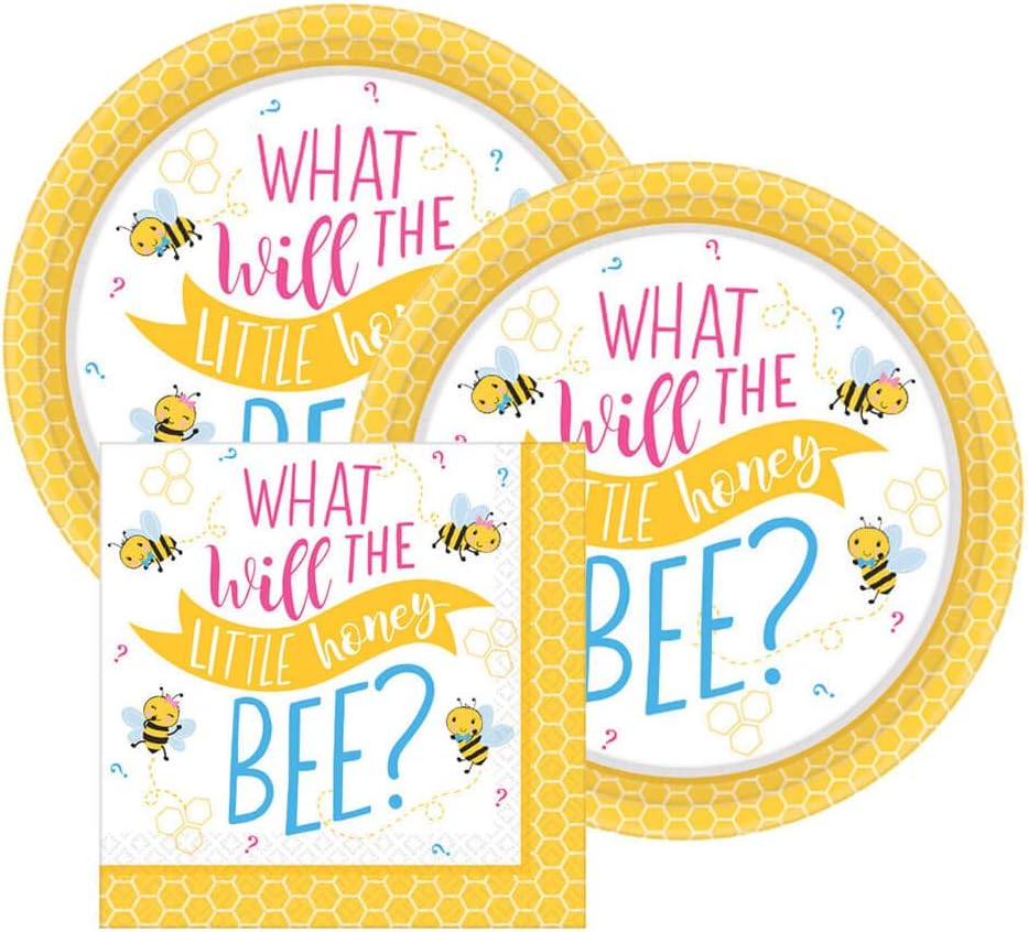 KIMROMA Little Honey Gender Reveal and Baby Shower Paper Dessert Plates and Paper Napkins, 16 Servings, Bundle- 3 Items