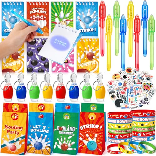 Toyssa 90 Stück Bowling Party Mitgebsel Kindergeburtstag mit UV Stift & Notizbuch Geschenktüten LED-Schlüsselanhänger Silikonarmband Bowling Pinata Give Aways Gastgeschenk Kindergeburtstag Kinder