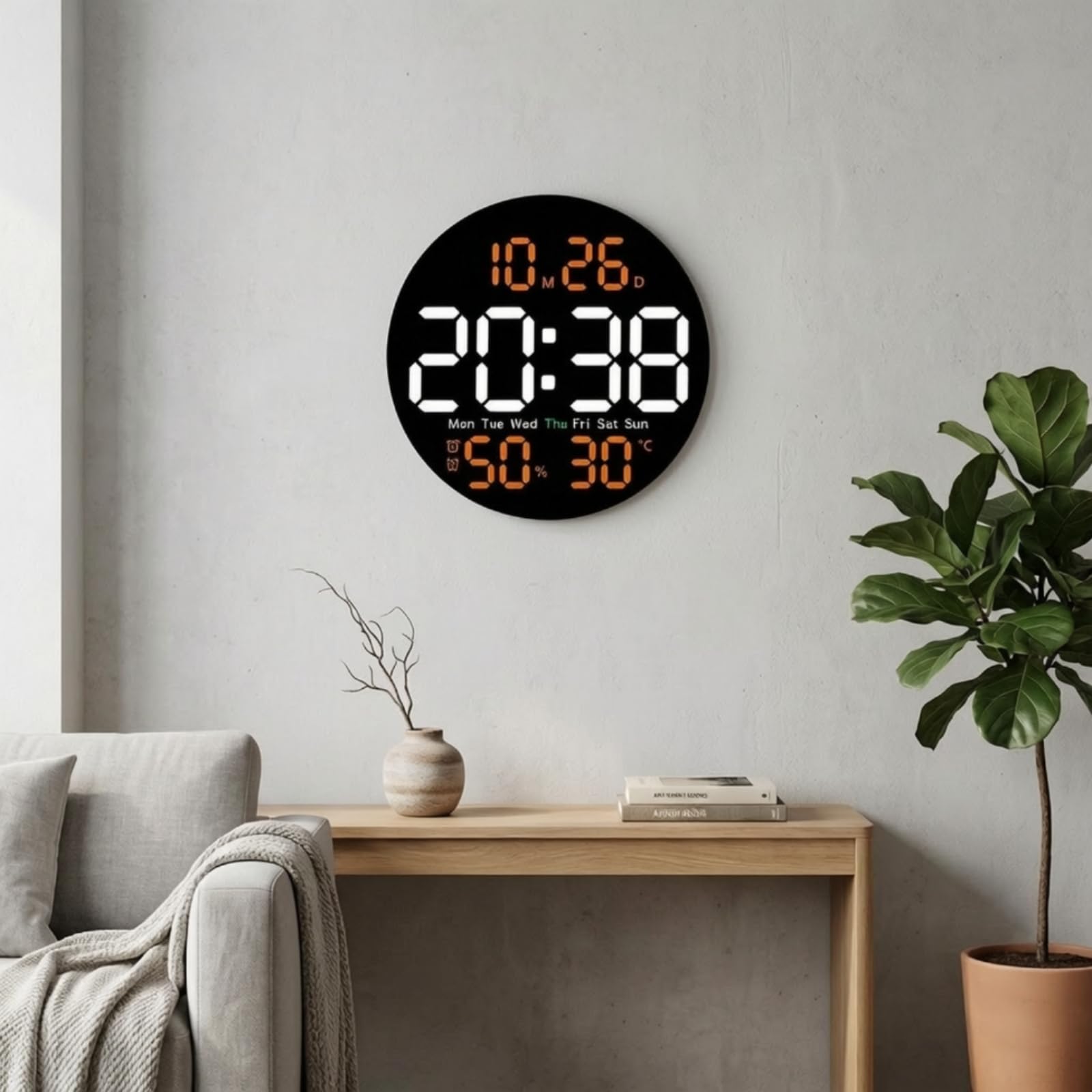 Orologio da Parete Soggiorno Digitale LED Calendario Sveglia Attiva Termometro Igrometro Display Chiaro Corpo in Plastica Adatto per Salotto Camera da Letto Studio Ufficio