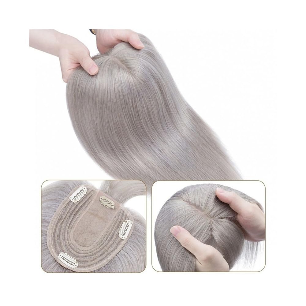 Haartopper für Frauen Echthaar-Topper mit Pony, graue Farbe, seidige glatte Haarteile, 10 x 12 cm, natürliche, weiche Seidenbasis, 130 % Dichte, indische Haar-Topper-Haarteile Haarteil(6 inches 27g)