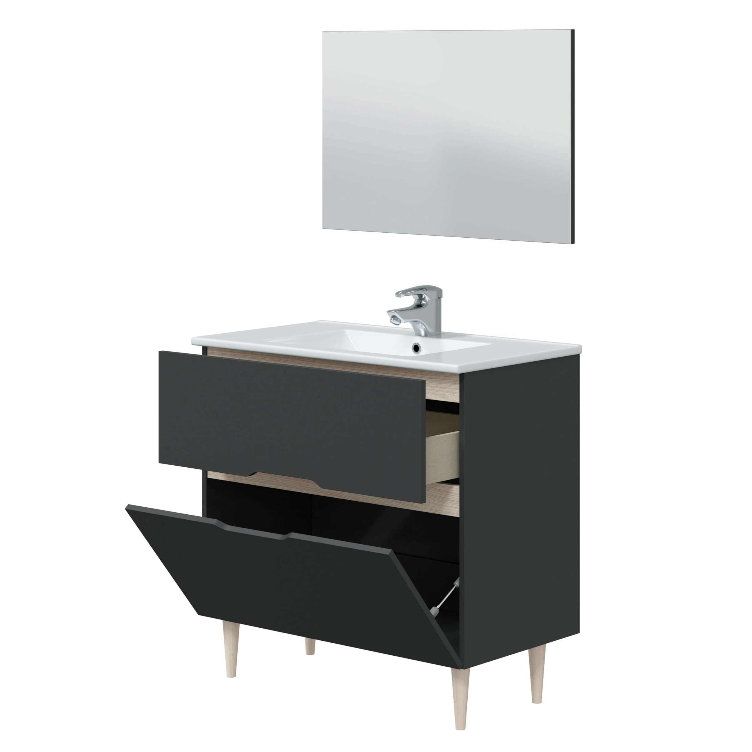 Miroytengo Conjunto de Muebles de Baño Moderno Lotto Color Gris Antracita y Roble (Espejo+Lavabo+Columna suspendida)