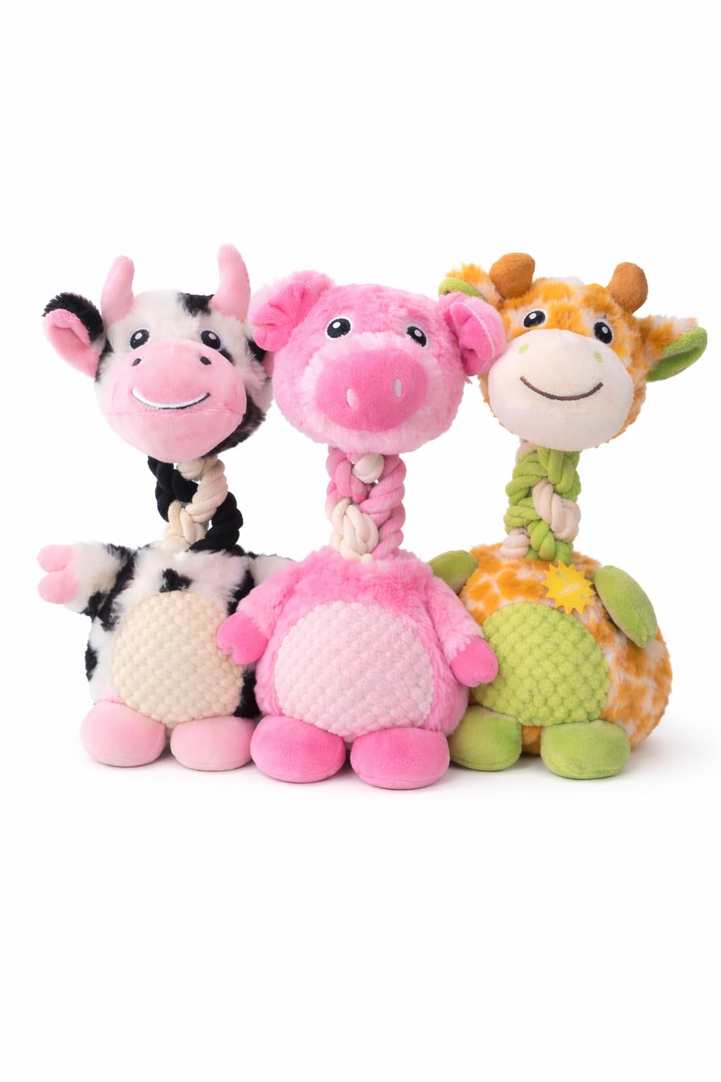 Kingdom pet care essentials Plush Dog Toys with Rope & Squeaker β 3 Pack Bundle Soft Animal Dog Chew Toys for Small & Medium Dogs (Pig, Cow, Giraffe)
