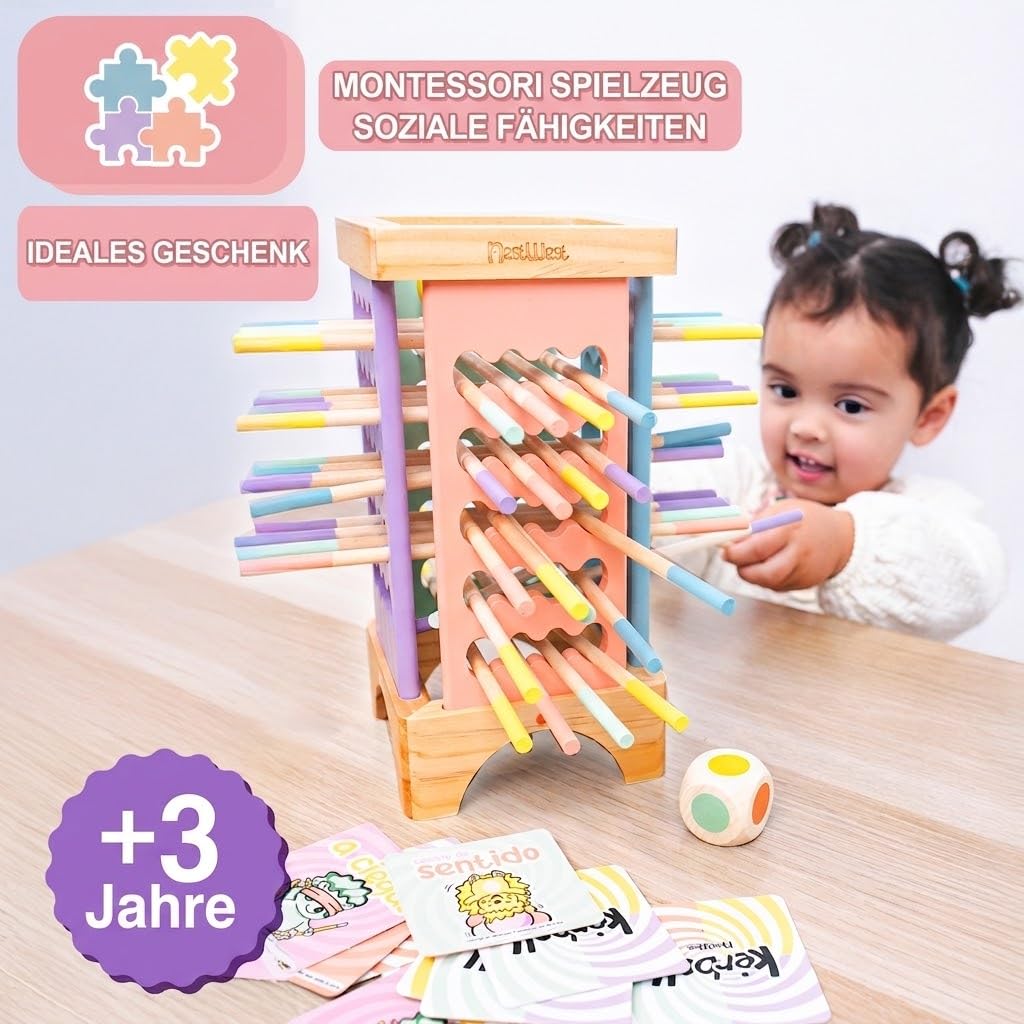 Kerball Up Jouets Montessori 3 4 5 ans en bois – Jeux de table éducatifs pour enfants Motricité fine | Tour amovible avec cartes et dés | Cadeau original pour fille