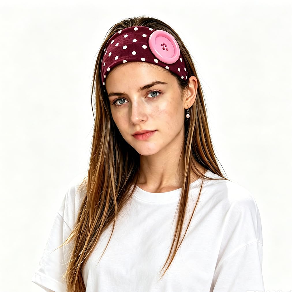 Polka Dot Elastic Button Headband for Women Non Slip Hair Bands Summer Daily Hair Accessories for Yoga Skincare Cooking Working Out (Polka Dot Red Pink)