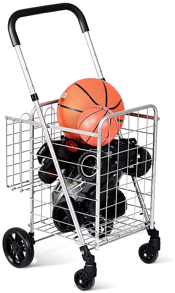 PETSITE Foldable Shopping Cart, Utility Cart Double Basket Cart for Grocery Laundry Travel with Swivel Wheels