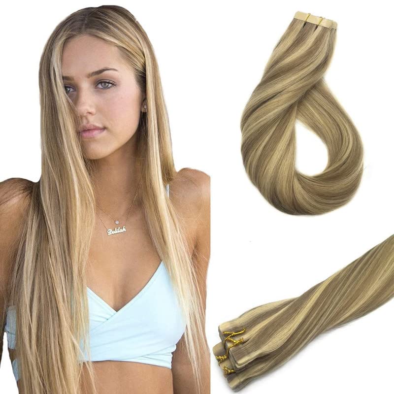GOO GOOTape in Hair Extensions Real human hair 20pcs 50g 45cm Light Blonde Highlighted Golden Blonde Real Remy Hair Extensions Seamless Straight Human Hair Extensions