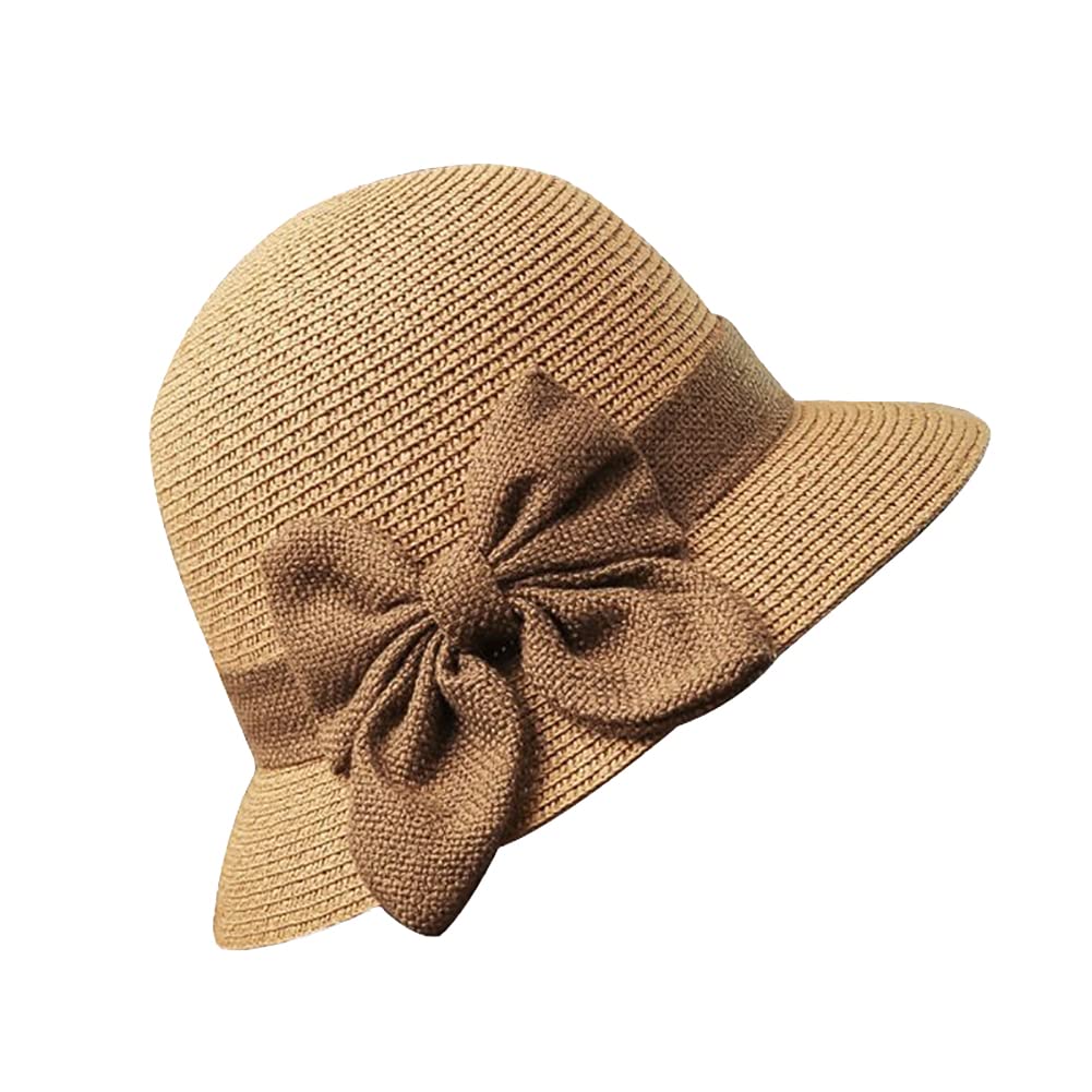 JIHUOO Straw Cloche Hat Summer Bowler Hat Sun Church Hat 1920s Vintage Bucket Hat Foldable Beach Hat with Bow for Women