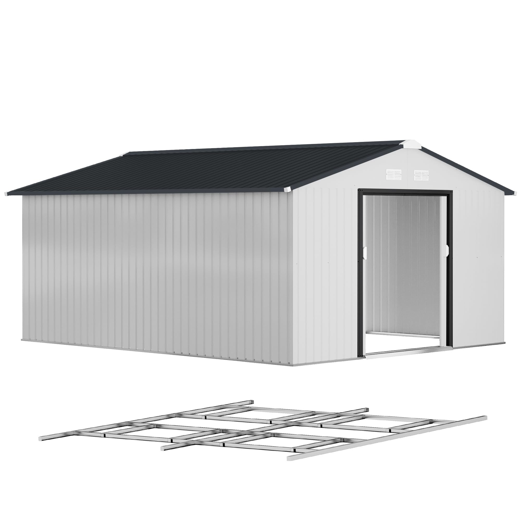 Outsunny 9' x 6' Garden Storage Shed with Foundation Kit, Metal Tool Storage House with Double Doors for Outdoor Patio Yard, Dark Grey — view 19