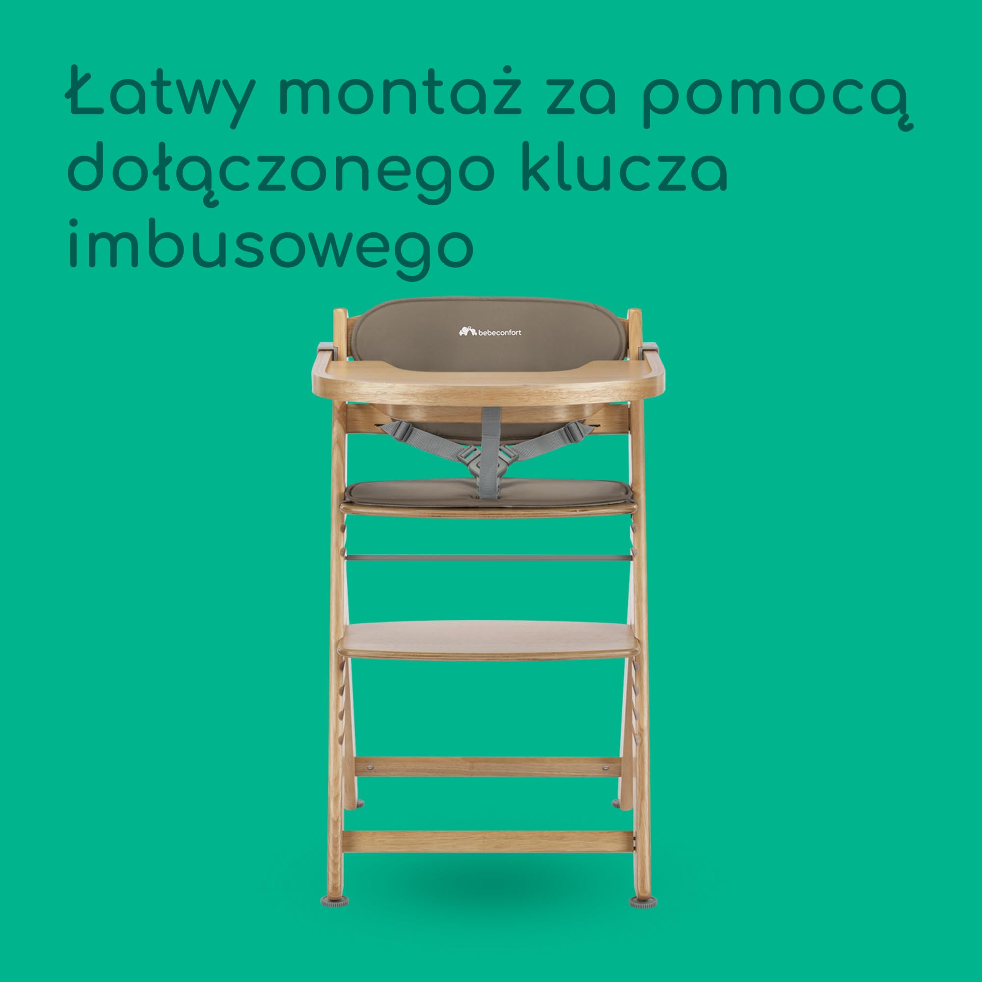 Bebeconfort Timba 2 z Poduszką, Krzesełko Dziecięce Drewniane, 6+ Miesięcy, Do 110 kg, Ergonomiczne Krzesełko do Karmienia, Pasuje do Wielu Stołów, Wyjmowana Taca, Natural Wood + Beige