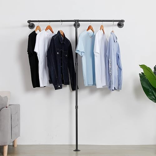 Vista 23 de Perchero industrial de tubería, resistente montado en la pared, barra de ropa de hierro negro, estante de exhibición minorista, organizador de ropa