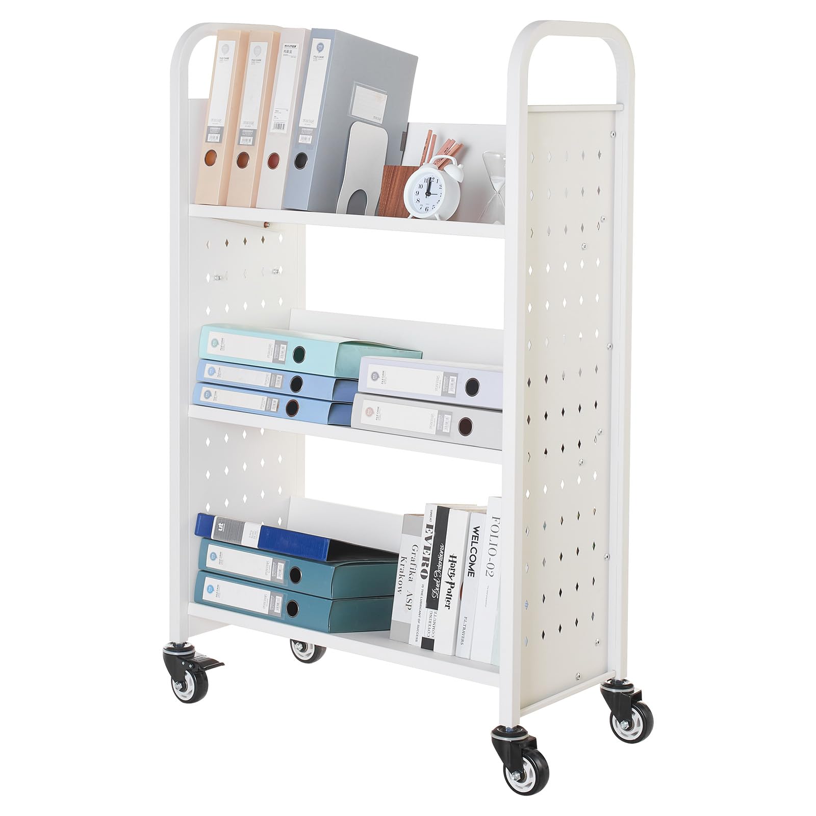 VEVOR Carrello Portalibri con Ruote 770 x 380 x 1220 mm Carrello Rotante Porta Libri, Carico 150 kg Ripiani a V Monofacciali con Ruote Bloccabili 7,6 cm per Scaffali di Casa, Ufficio e Scuola, Bianco
