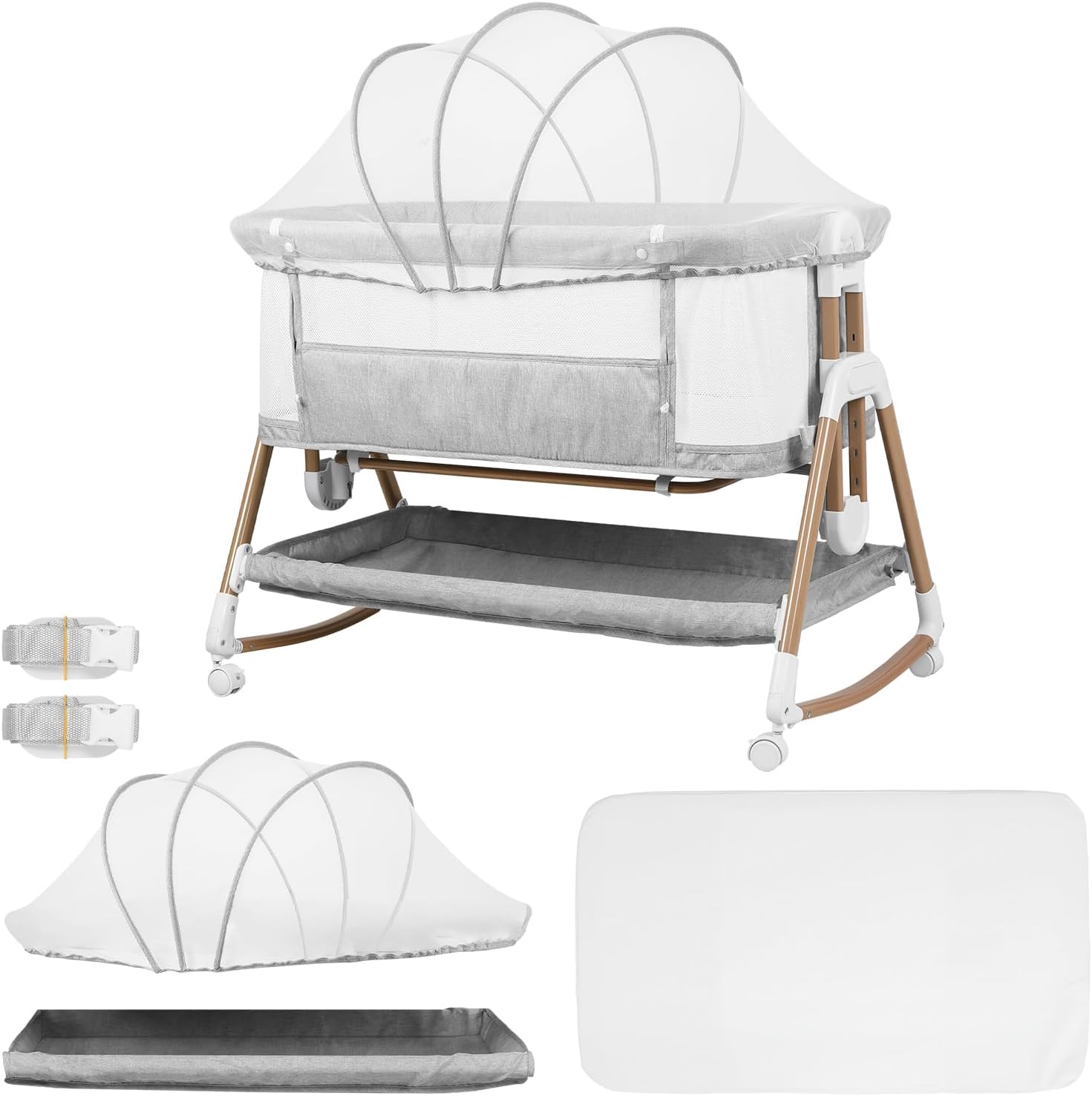 3-in-1 Baby Bassinet Bedside Sleeper with Soft Mattress, Wheels, Rocking Bassinet for Newborn Infant, Height Adjustable Bedside Crib, with Storage Basket, Mosquito Net, Wheels (Grey)