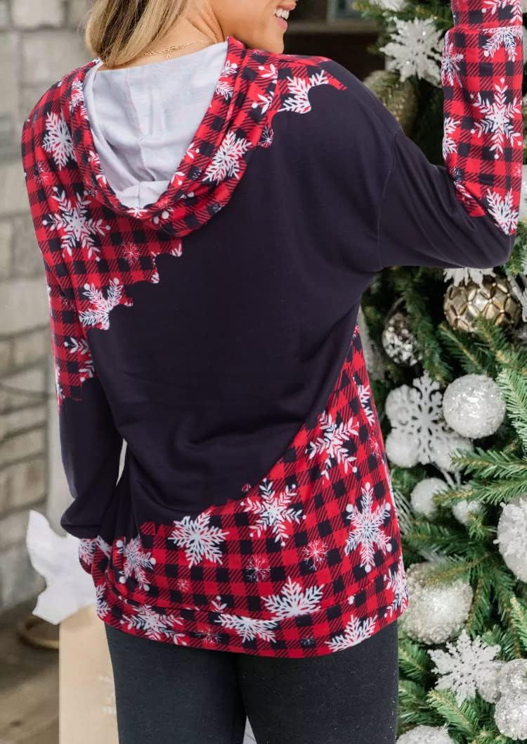 TAOHONG Merry Christmas Sweartshirt for Women Xmas Buffalo Plaid Tree Tops Color Block Snowflake Print Long Sleeve Shirt - Image 5
