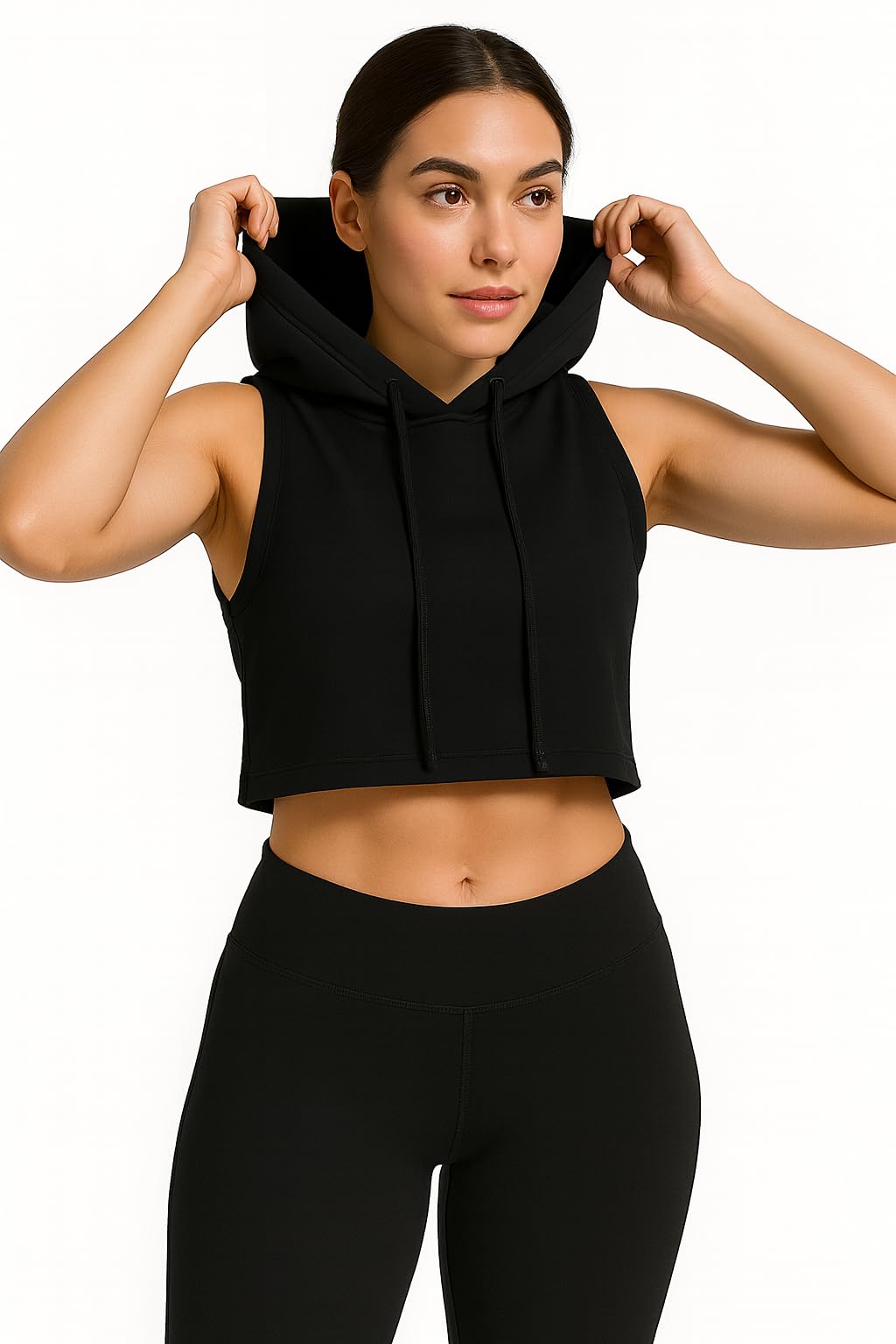 ATLIEST || Women Sleeveless Hooded Crop Top Polyester Activewear Gym Training Wear |||| Women Solid Black Sleeveless Hoodie Crop Top Workout Fitness Style