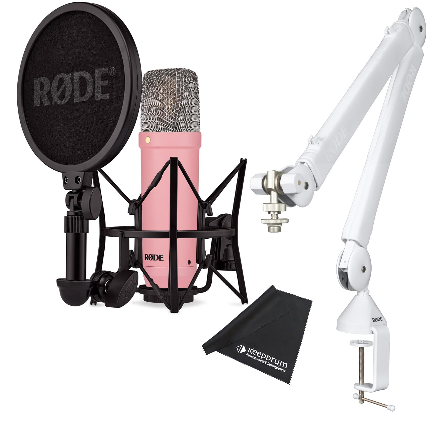 Rode NT1 Signature Pink - Micrófono de estudio rosa + PSA1 W Plus trípode articulado blanco + paño de microfibra keepdrum