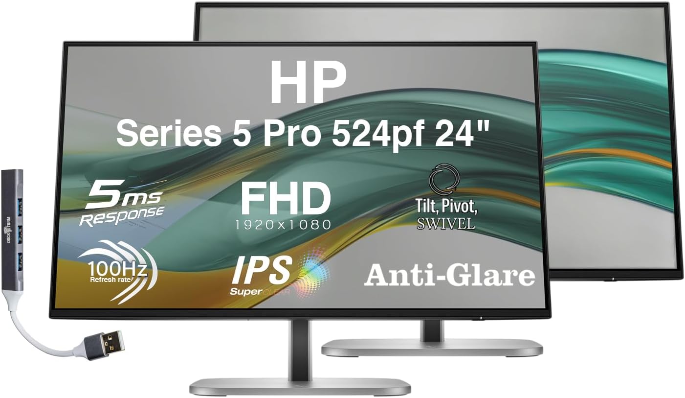 HP Series 5 Pro 524pf 24" FHD Monitor with 100 Hz 350 Nits WUXGA IPS, 5ms, Anti-Glare, Flicker Free, VESA Mount (100mm), Adjustable Height, Swivel, Pivot & DKZ USB Port Expander | Black/Silver 2 Pack