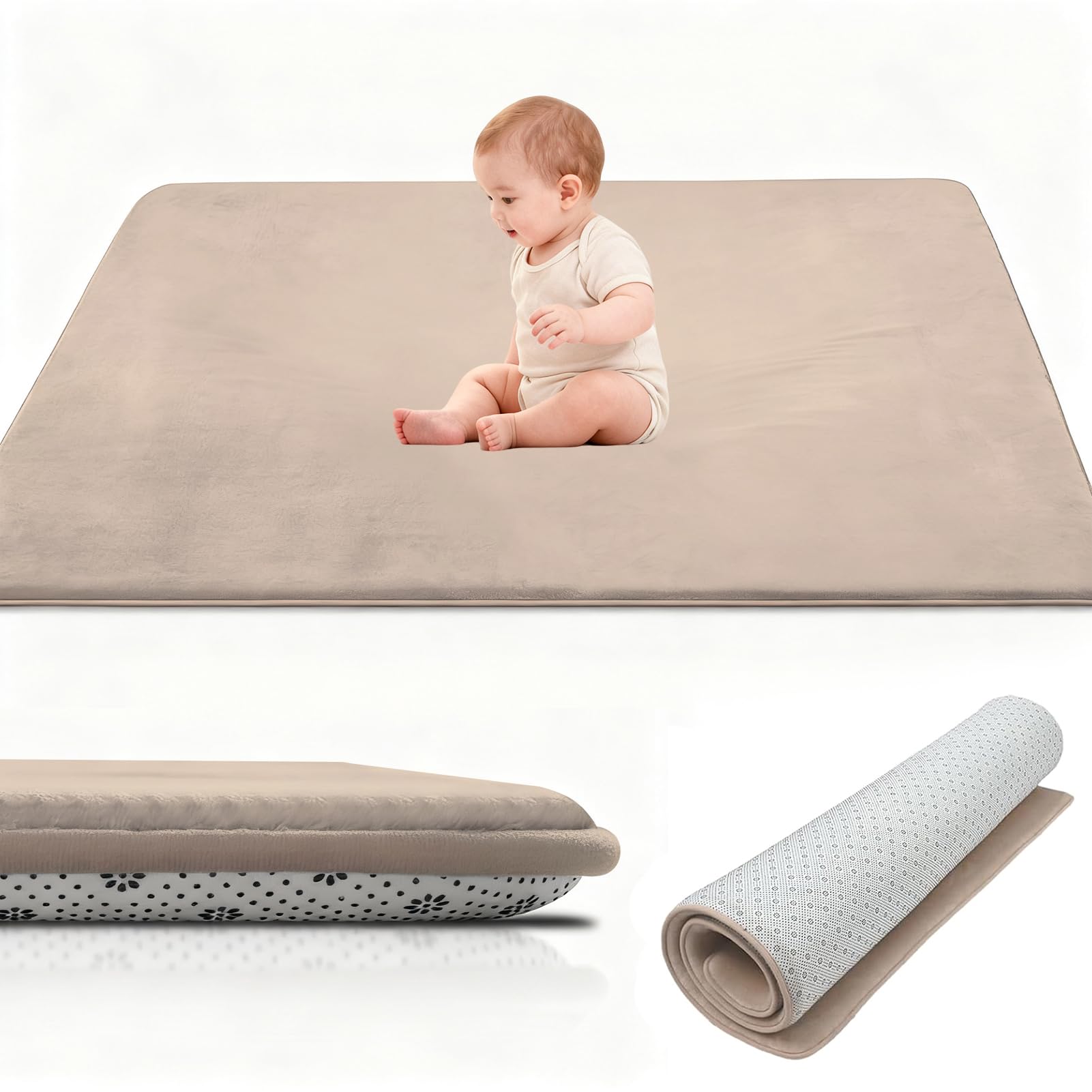 Stqyeiw Coral Velvet Thick Baby Play Mat, 2cm Memory Foam Rug, Baby Crawl Mat, Large Baby Activity Play Mat, Non Slip Children's Floor Tatami Rugs 80 x 180 cm Light Brown