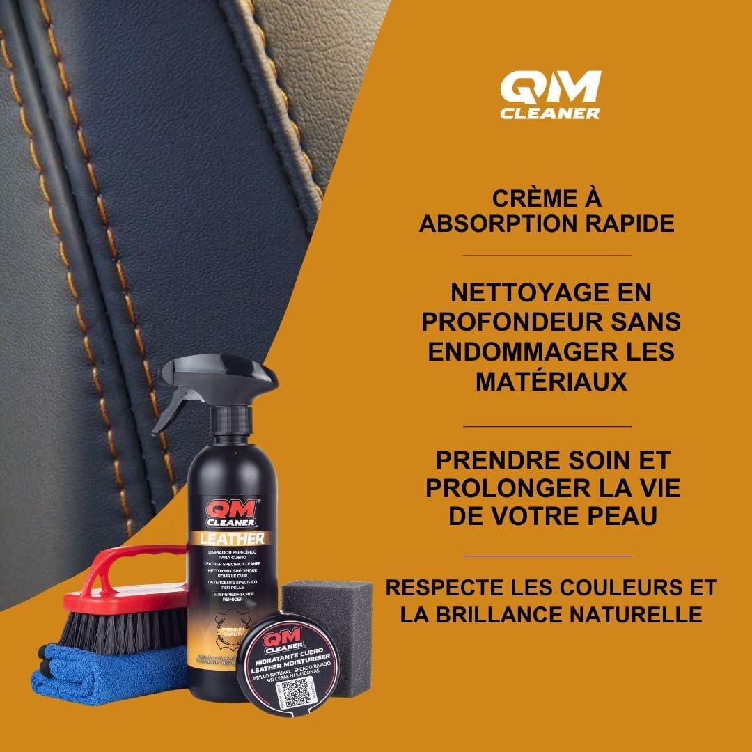 QM Cleaner Nettoyage et hydratation du Cuir. Entretien et Nettoyage des revêtements de Voiture, des fauteuils de canapé en Cuir. Nettoie et Hydrate (Kit)