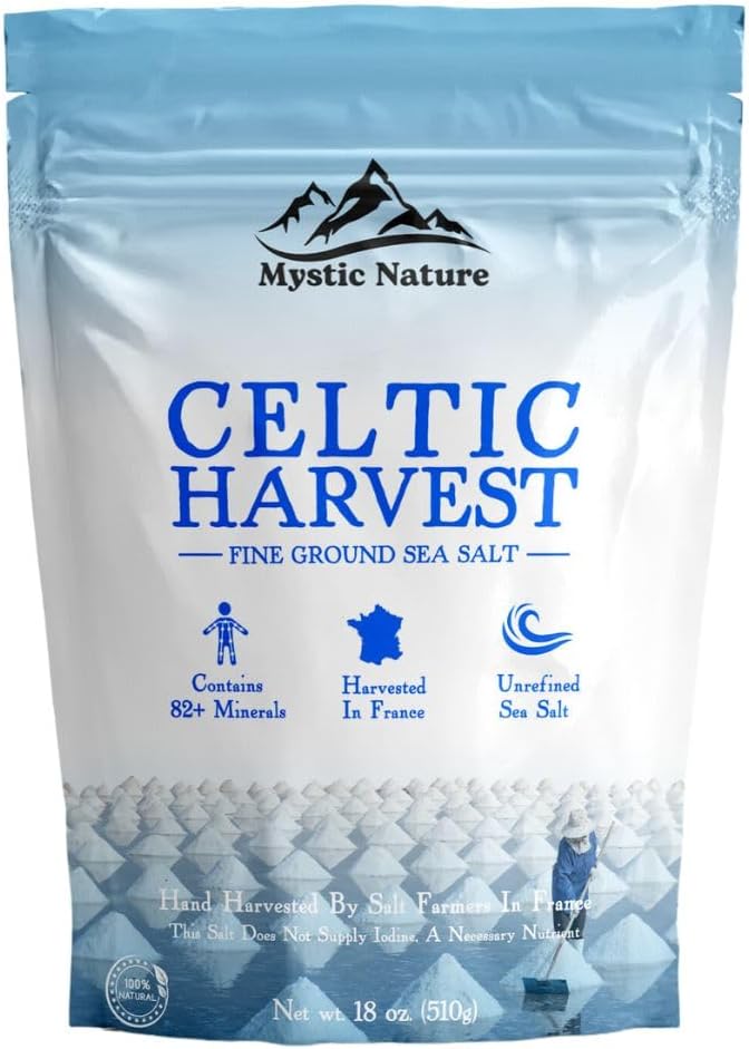 Celtic Harvest Fine Ground Sea Salt - 1.1lb - 18oz | Rich in 82+ Essential Minerals | Organic 100% Natural & Unrefined | Hand Harvested Celtic Crystals from France